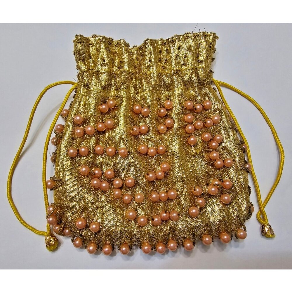 Vintage Gold Sequin Beaded with Pink Dangle Beads Clutch Bag Made in Hong Kong